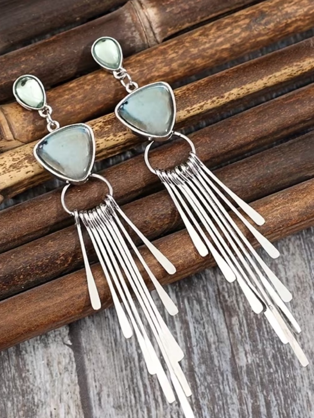 Silver Fringe Dangle Earrings Green Stone Boho Statement Drop Earrings - Picture 4 of 6